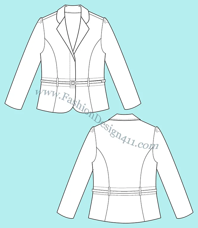 A Fashion Flat Sketch (055) of a women's belted blazer with princess style lines