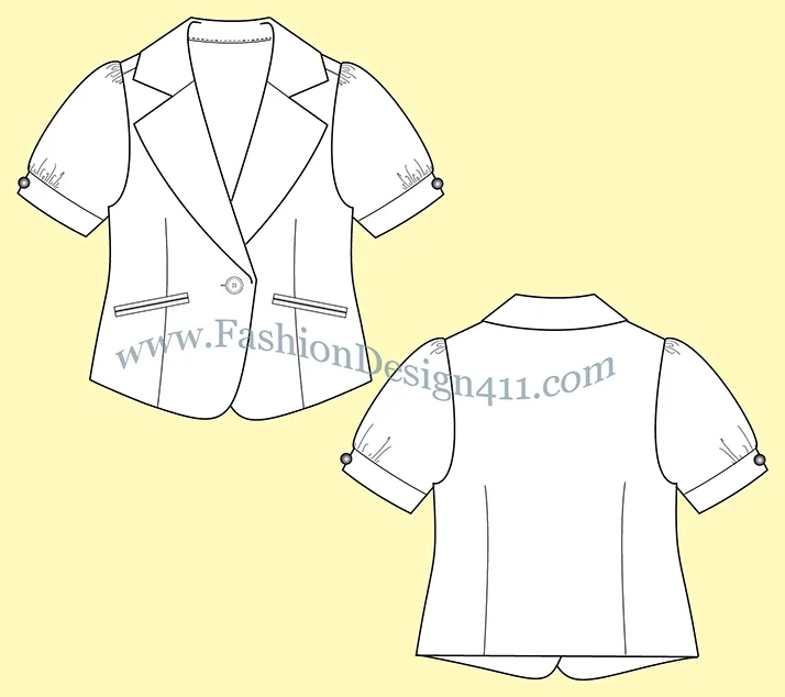 A Fashion Flat Sketch (056) of a women's cropped, puff sleeves blazer