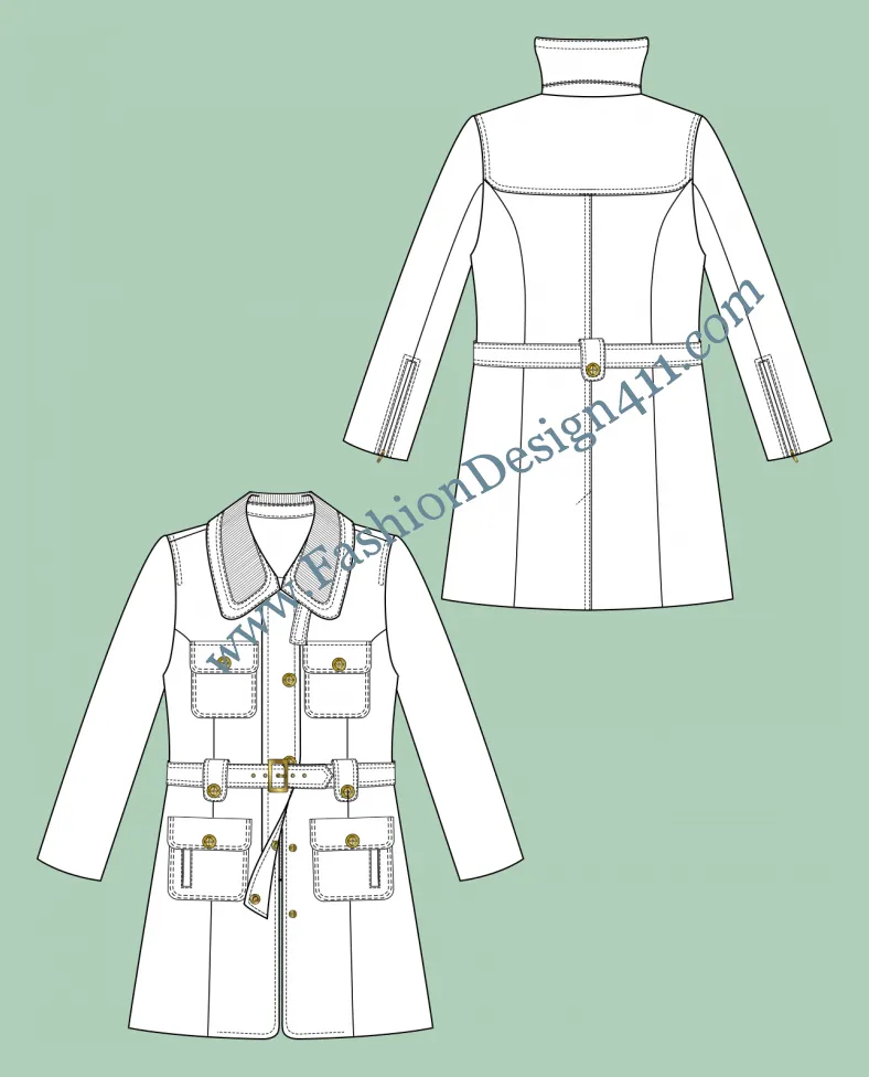 015 detailed fashion flat sketch of a women's, 4 patch pocket with button down flaps, belted coat