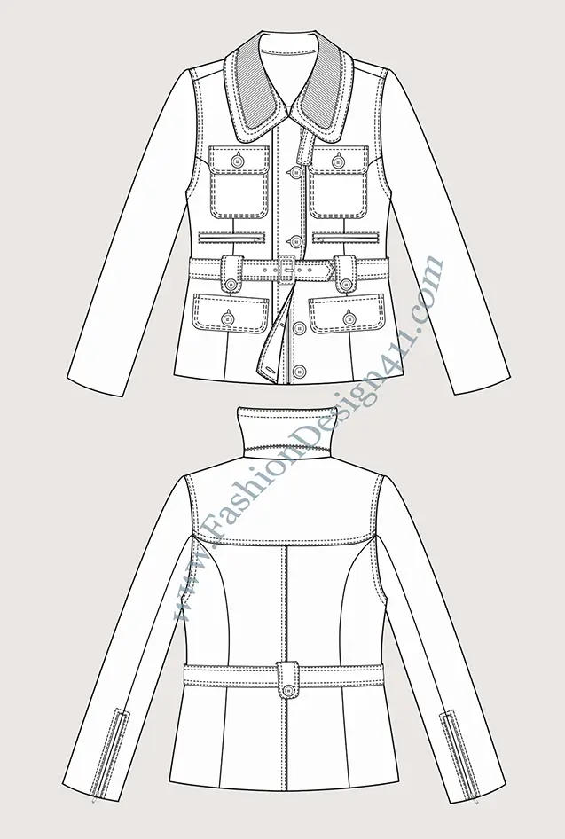 An elaborate Fashion Flat Sketch (018) of a women's 6 pockets, belted jacket.