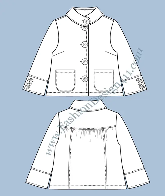 A Fashion Flat Sketch (021) of a women's collar stand, cropped jacket