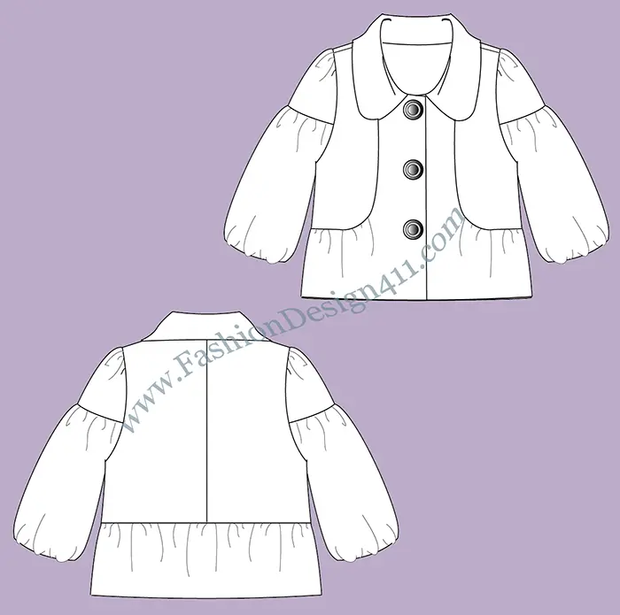 A Fashion Flat Sketch (022) of a women's round corners, large collar jacket