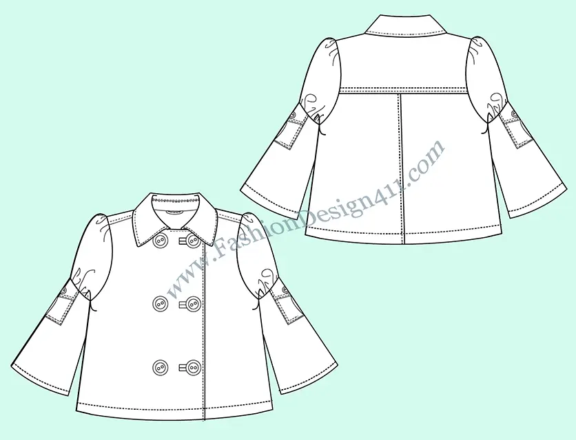 A Fashion Flat Sketch (023) of a women's, double breasted, tent silhouette jacket