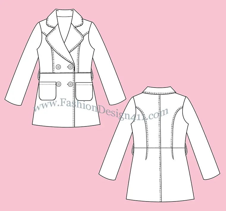 A Fashion Flat Sketch (027) of a women's double breasted, short coat