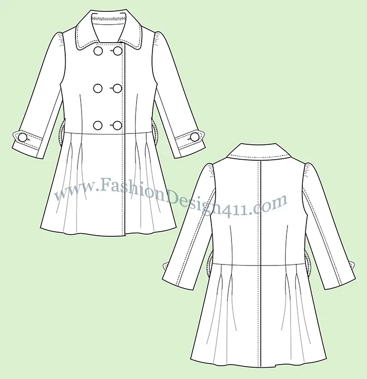 A Fashion Flat Sketch (030) of a women's double breasted, soft pleats coat
