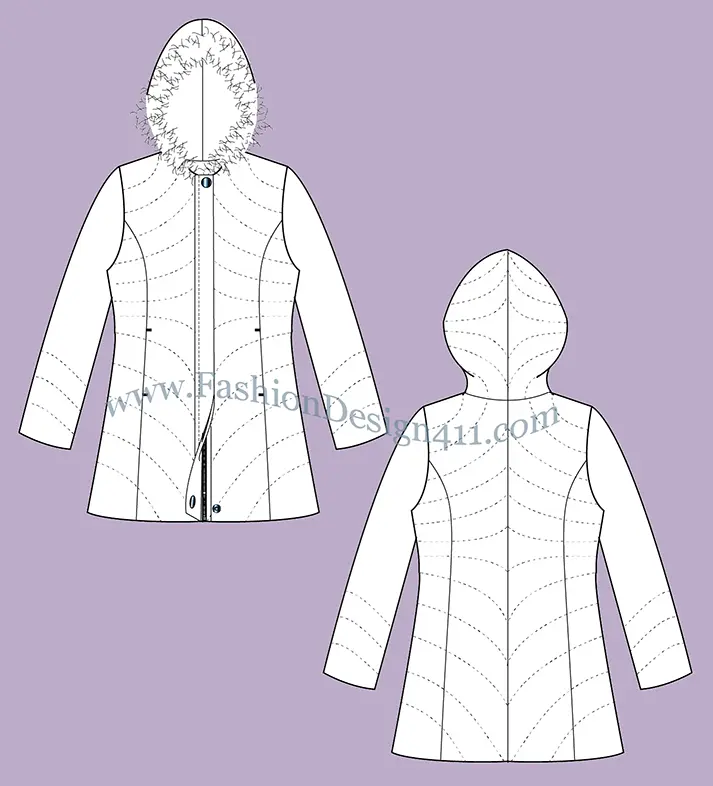 A Fashion Flat Sketch (032) of a women's zip-up puffer coat with fur trim hoodie