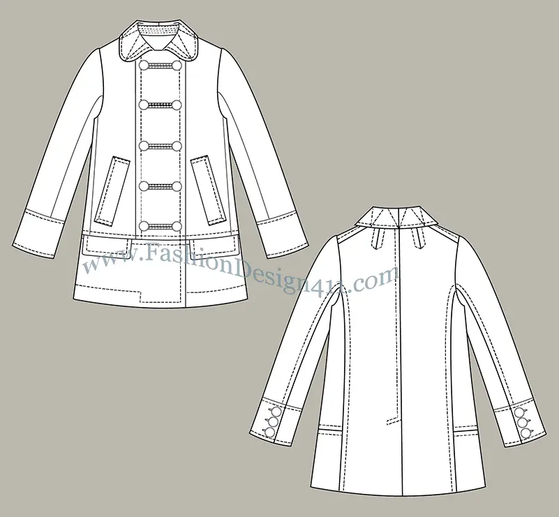 A Fashion Flat Sketch (033) of a women's double breasted coat