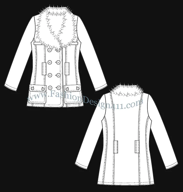 A Fashion Flat Sketch (034) of a women's fitted, fur shawl collar coat