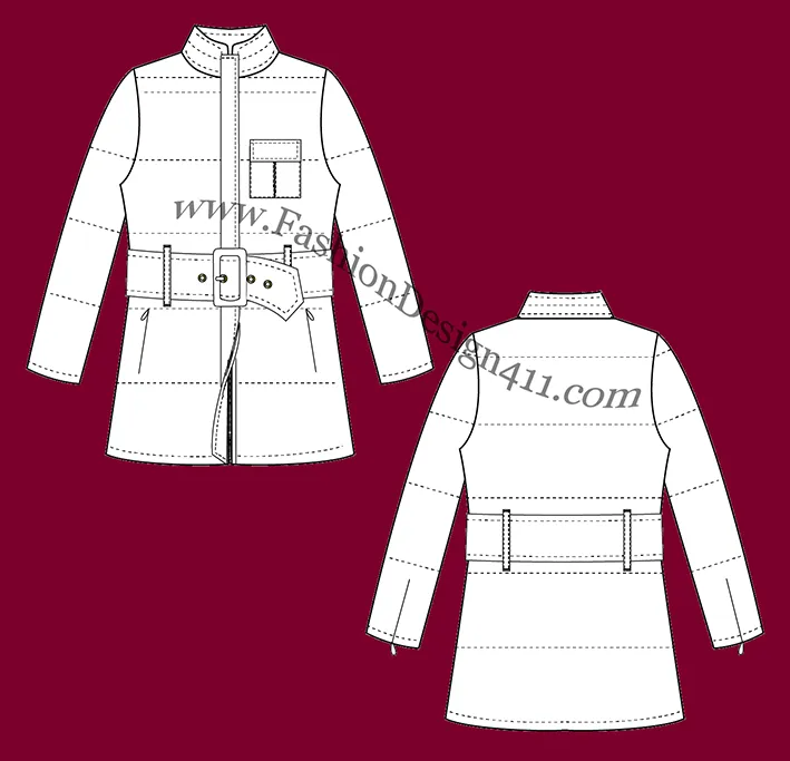 A Fashion Flat Sketch (035) of a women's belted puffer