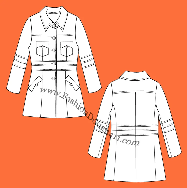 A Fashion Flat Sketch (036) of a women's fitted coat with a-line bottom