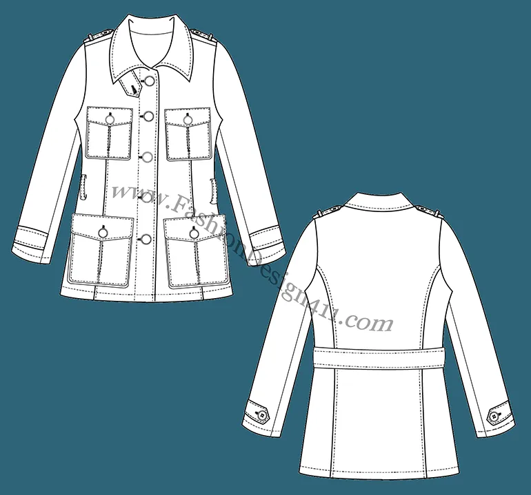 A Fashion Flat Sketch (037) of a women's safari style jacket