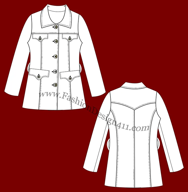 A Fashion Flat Sketch (039) of a women's fitted coat with flap pockets