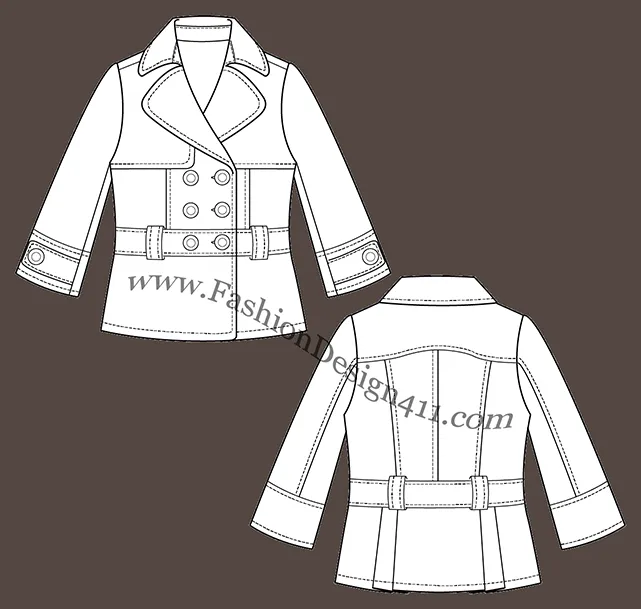 A Fashion Flat Sketch (040) of a women's double breasted, large lapels jacket