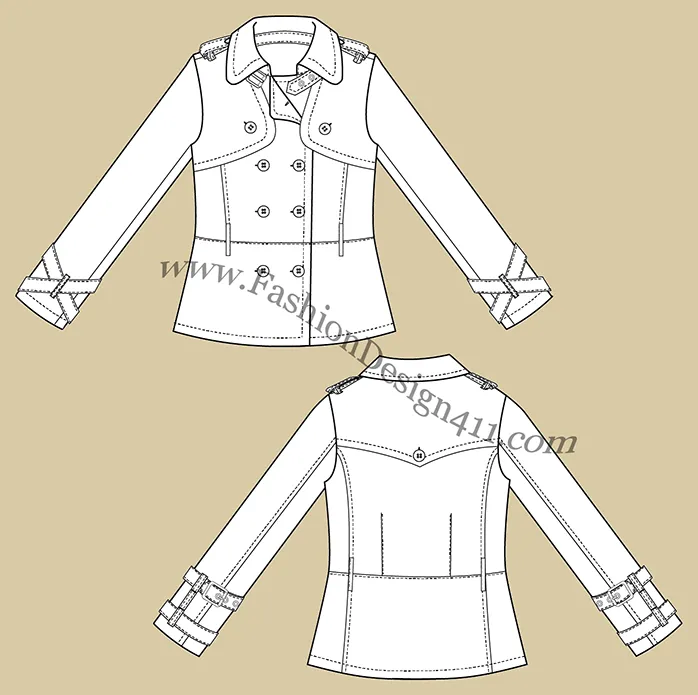 A Fashion Flat Sketch (041) of a women's trench coat style jacket