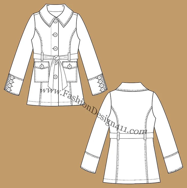 A Fashion Flat Sketch (042) of a belted women's coat with 4-buttos cuffs