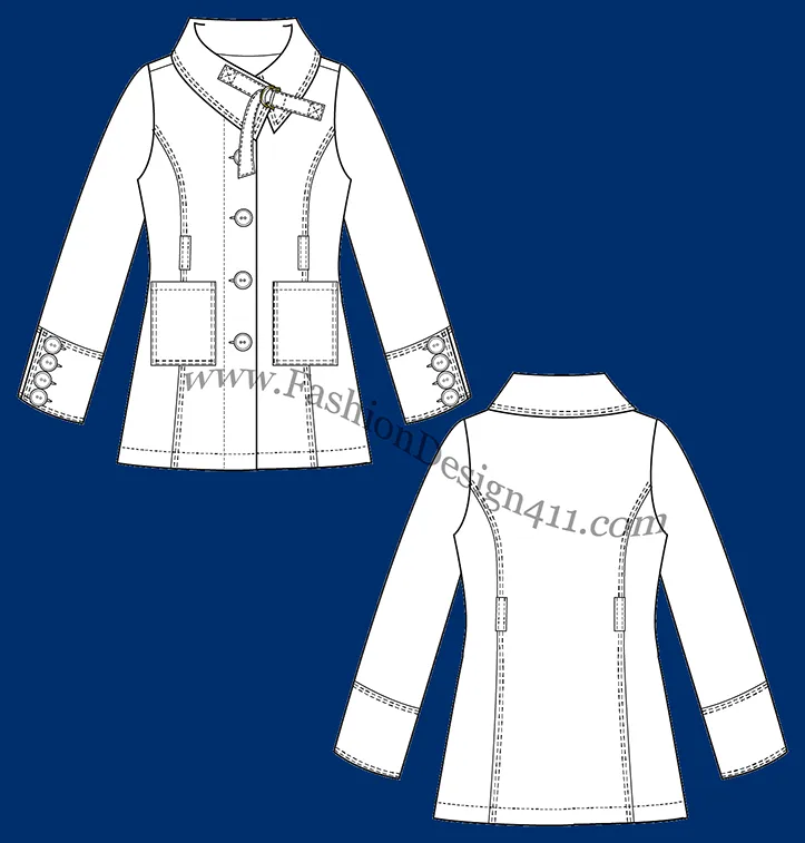 A Fashion Flat Sketch (043) of a women's fitted, short coat with a novelty collar