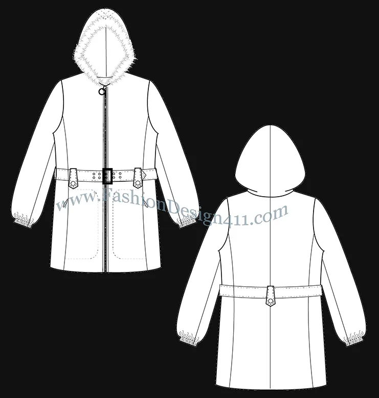 A Fashion Flat Sketch (045) of a women's belted, puffer coat with fur trim hoodie