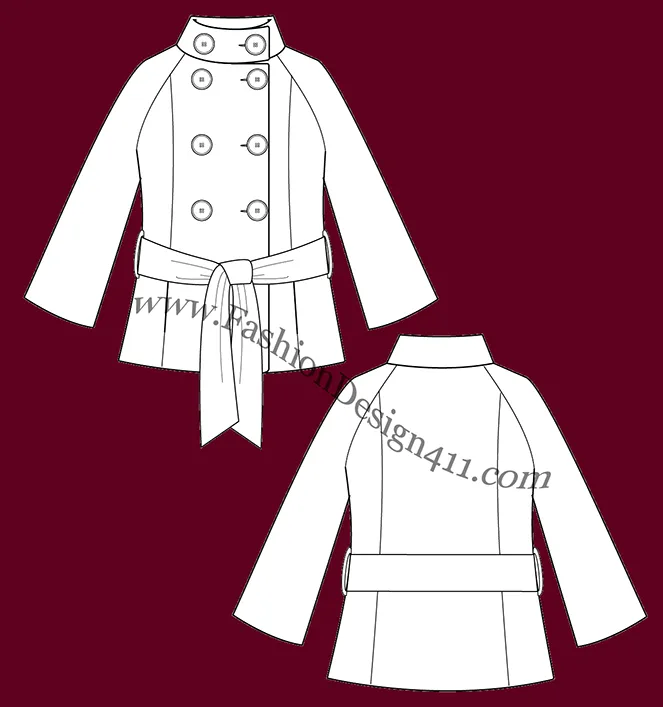 A Fashion Flat Sketch (046) of a women's raglan sleeves, belted jacket