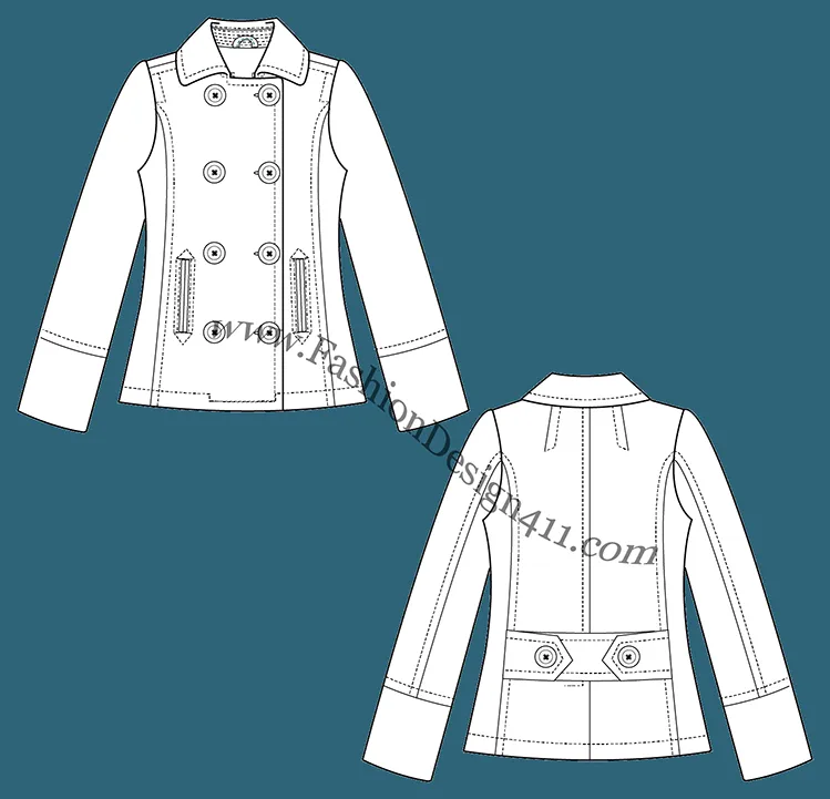A Fashion Flat Sketch (047) of a women's peacoat jacket