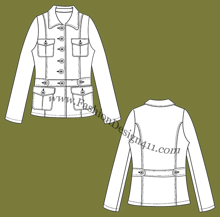 A Fashion Flat Sketch (048) of a women's safari jacket with side tabs