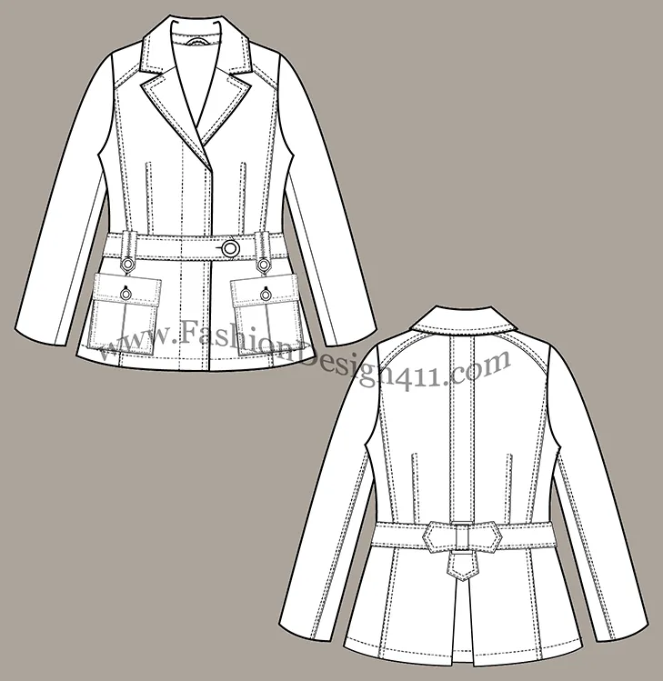 A Fashion Flat Sketch (050) of a women's notched collar jacket with safari bottom pockets