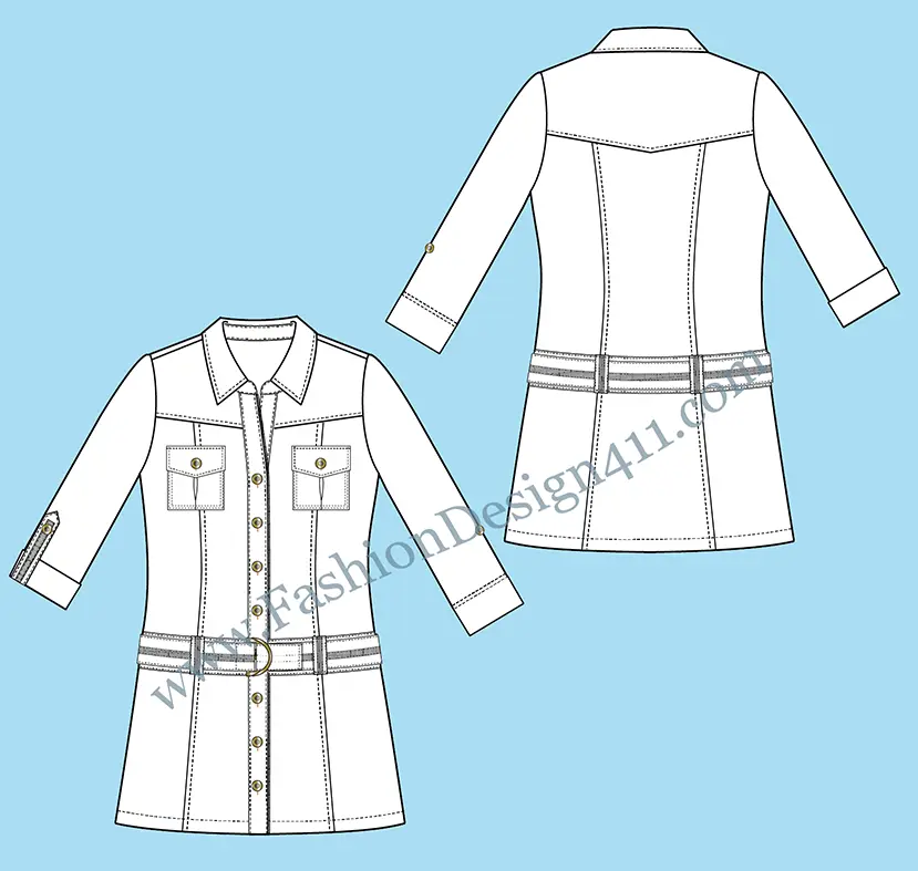 016 fashion flat sketch of a low waistline women's, rolled-up 3/4 sleeves, shirt dress.