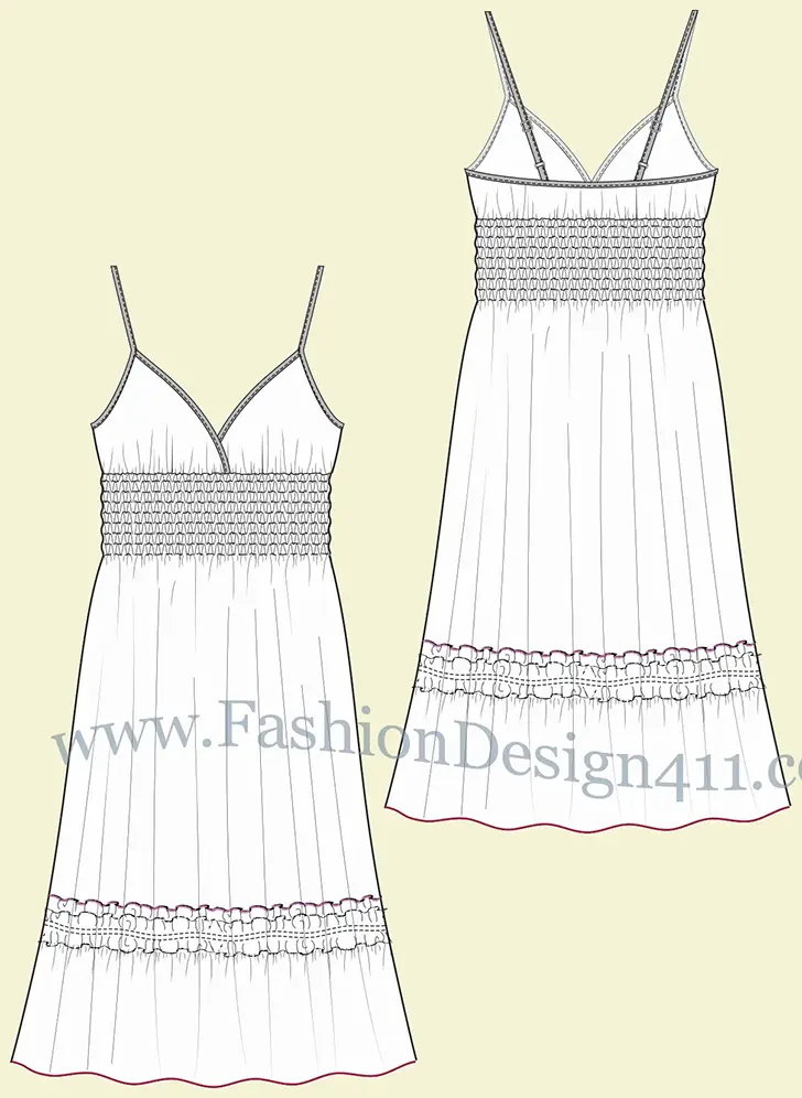 021 fashion flat sketch of a smocked waist, women's, spaghetti strap dress with bottom flounce and ruffles.