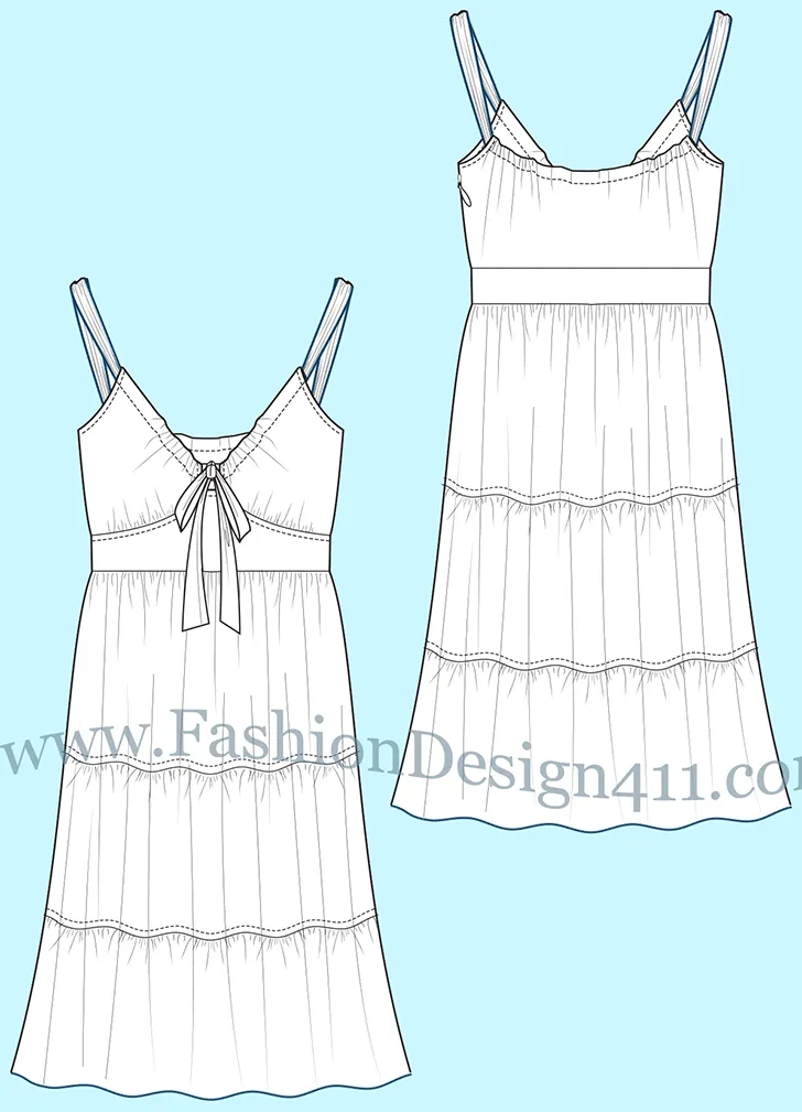 022 fashion flat sketch of a tiered, women's, shoulder strap dress