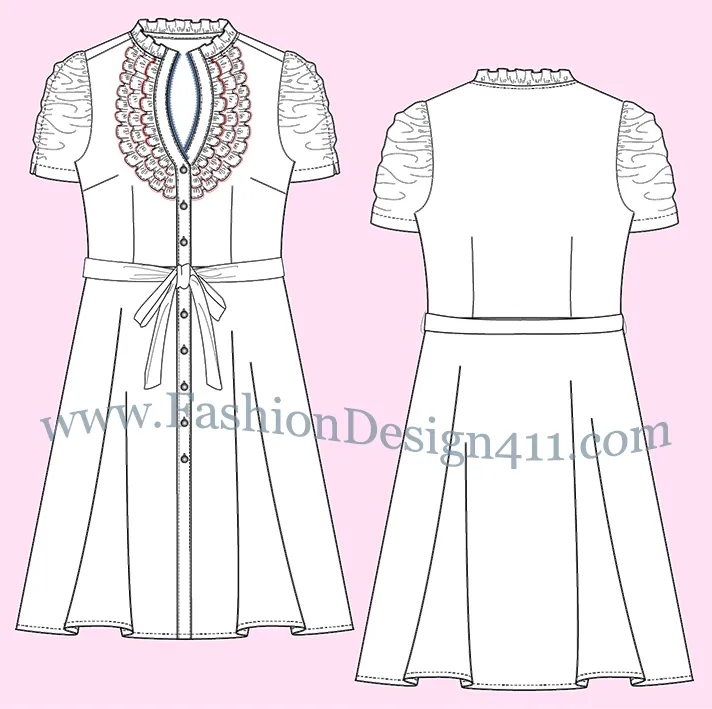 025 A fashion flat sketch of a ruffled split neck women's, buttoned down dress with tied in a bow sash belt and ruched, short sleeves