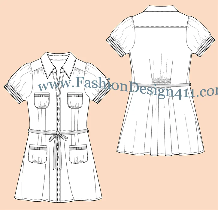 027 A fashion flat sketch of a split neck women's, shirt dress with flared hemline and tied in a bow sash belt