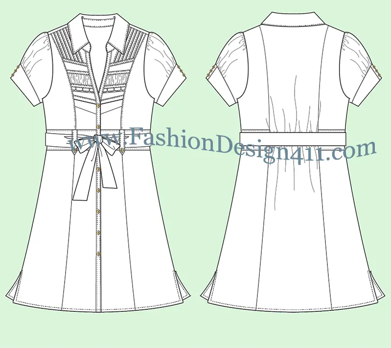 029 A fashion flat sketch of a women's, button down, puff sleeve dress with a split neck and tied in a bow sash belt