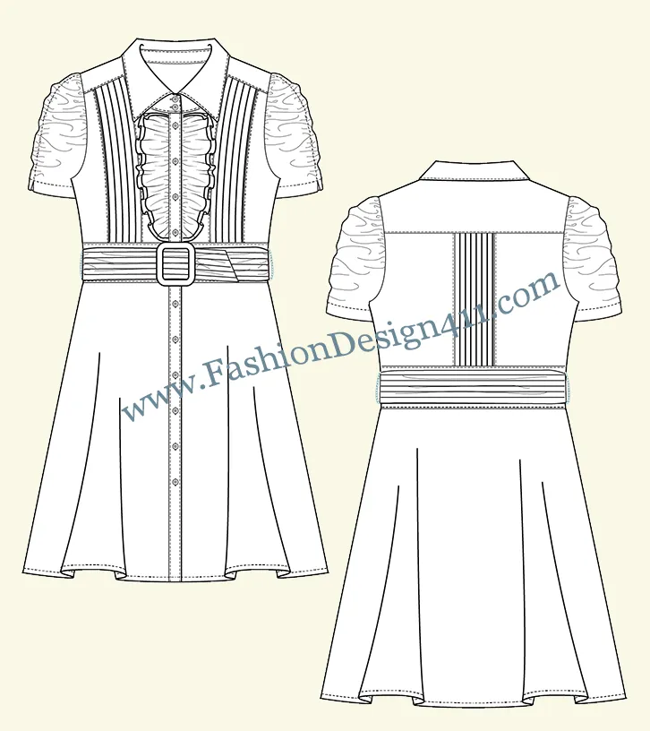 031 A fashion flat sketch of a buttoned down, women's, belted, jabot dress with flared skirt.
