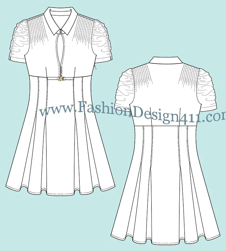 032 A fashion flat sketch of a pleated women's, dress with front/back pin tucks and ruched, short sleeves
