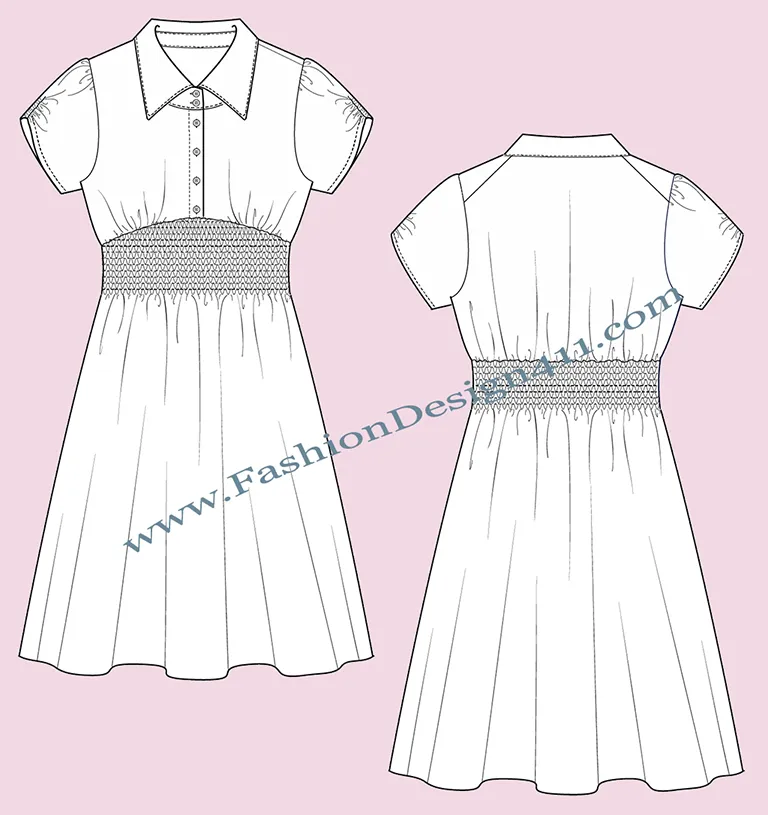 033 A fashion flat sketch of a women's, circular skirt, half placket dress with smocked waist
