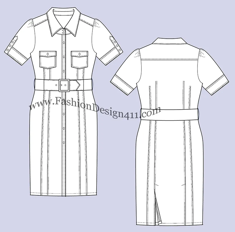035 A fashion flat sketch of a women's, belted, shirt dress with back slits and button down sleeves placket.