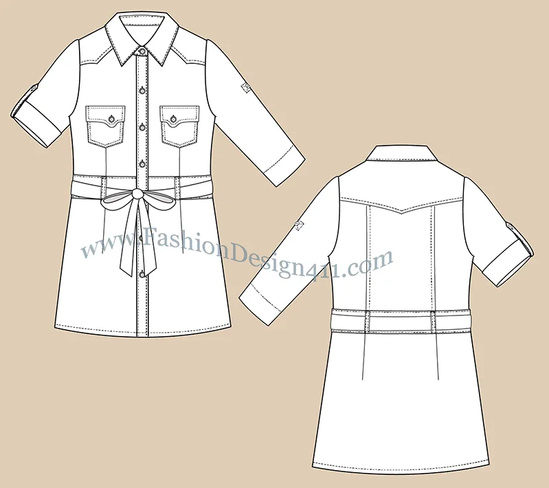 A Fashion Flat Sketch (036) of a women's rolled sleeves, belted shirt dress