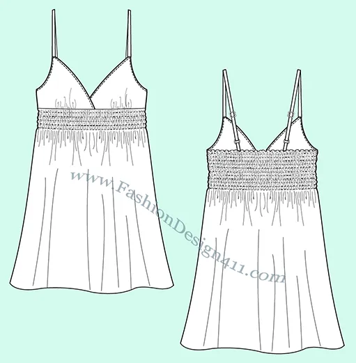 A Fashion Flat Sketch (037) of a women's spaghetti strap, smocked waist dress