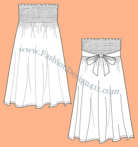 A Fashion Flat Sketch (040) of a women's, smocked, strapless dress with flared skirt