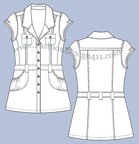 A Fashion Flat Sketch (041) of a women's, cap sleeves, shirt dress