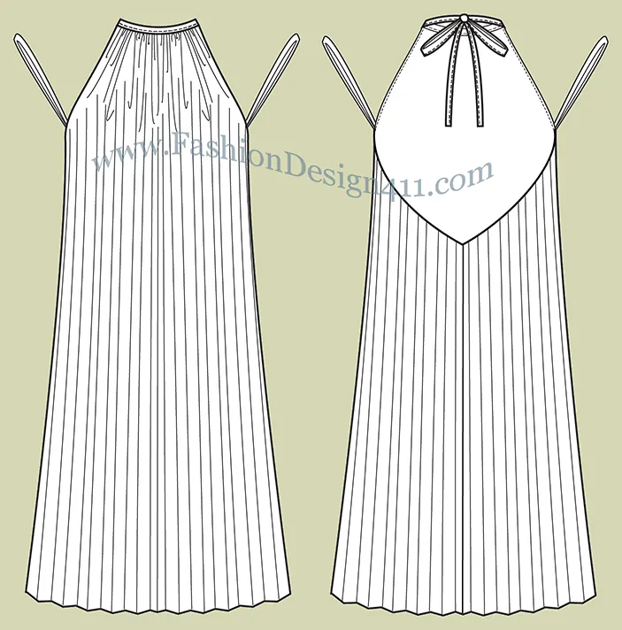 A Fashion Flat Sketch (044) of a women's accordion pleats, halter dress