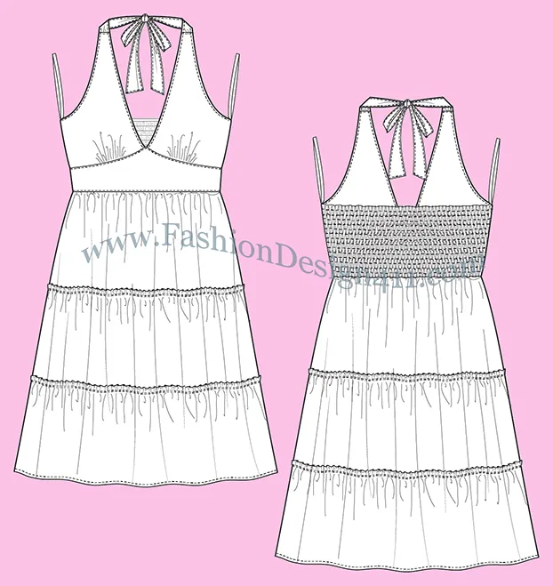 A Fashion Flat Sketch (047) of a women's tiered halter neckline dress with smocked back