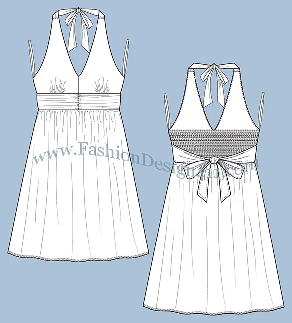 A Fashion Flat Sketch (049) of a women's full gathered at waist halter dress with smocked back