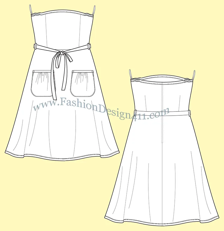 A Fashion Flat Sketch (050) of a women's flared skirt, strapless dress