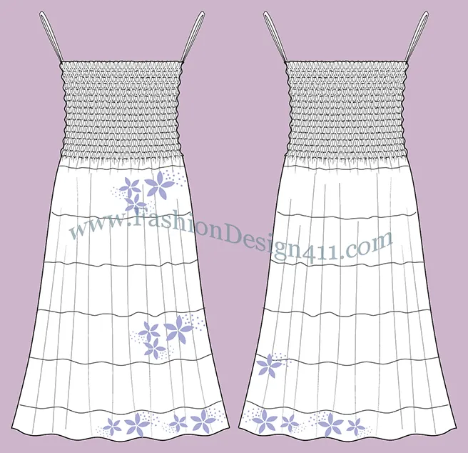 A Fashion Flat Sketch (051) of a women's smocked top, tiered skirt, strapless dress