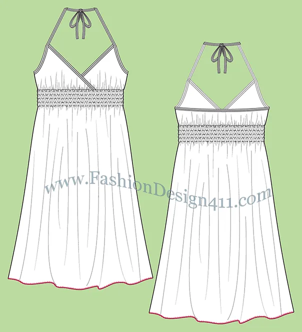 A Fashion Flat Sketch (046) of a smocked at empire waist women's halter dress