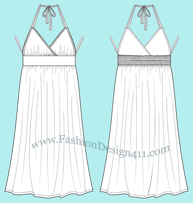 A Fashion Flat Sketch (053) of a full skirt, women's halter dress with smocked back