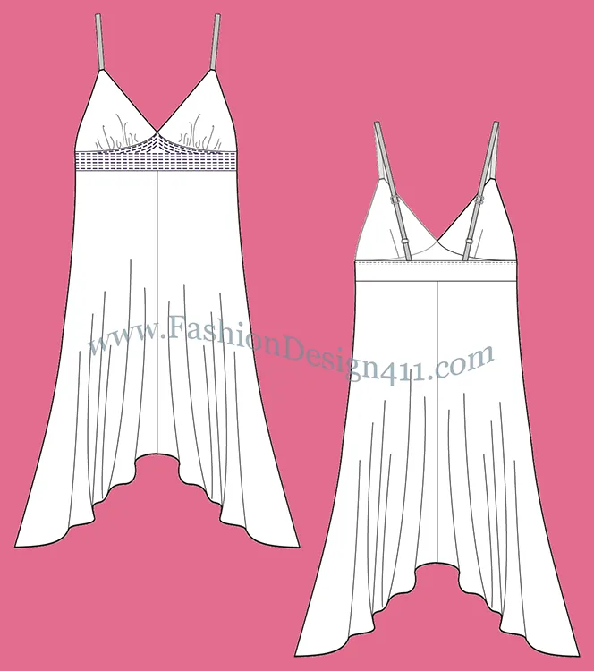 A Fashion Flat Sketch (055) of a spaghetti shoulder strap women's dress with shark bite hemline