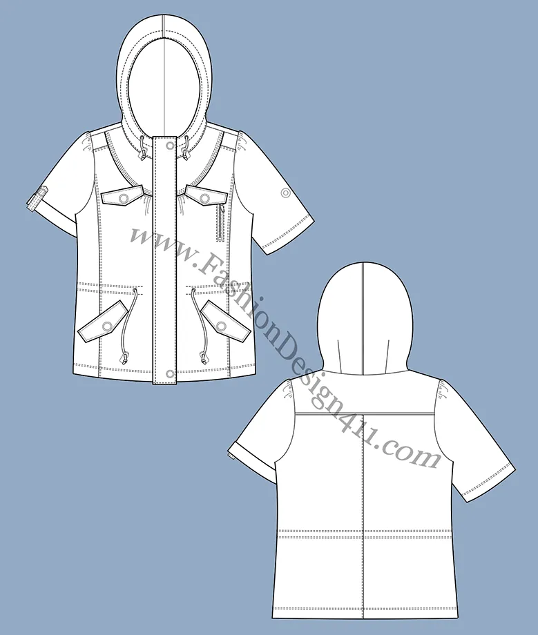 A Fashion Flat Sketch (046) of a women's draw string, hoodie jacket with flap pockets