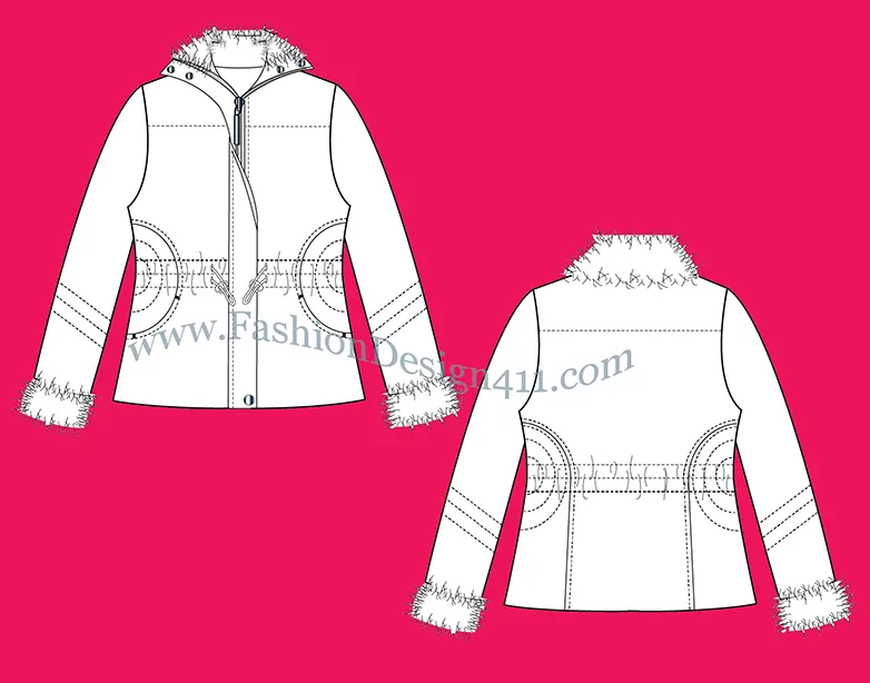 A Fashion Flat Sketch (020) of a women's cinched at waist, zipper front jacket with fur collar and cuffs