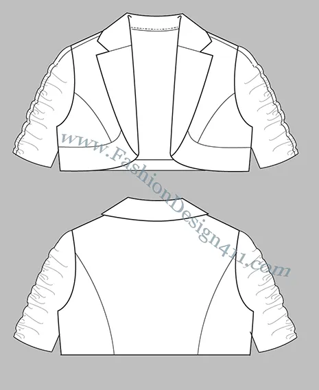 A Fashion Flat Sketch (023) of a women's bolero jacket with ruched, elbow sleeves